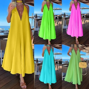 Women Halter Neck Backless Maxi Dress Deep V Neck Polyester Sleeveless A Line Big Swing Summer Beach Vacation Holiday