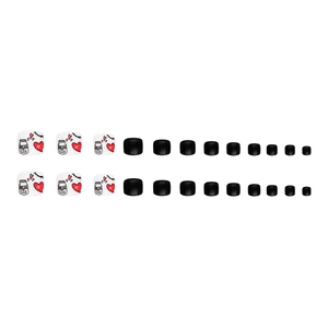 24pcs black and white press-on toenails with red heart patterns and cute graffiti designs