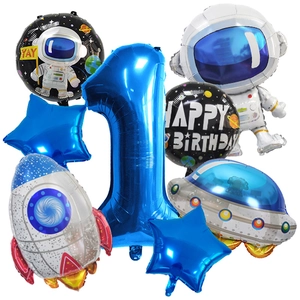 Detailed set of space explorer balloons with astronaut rocket and number one for boys