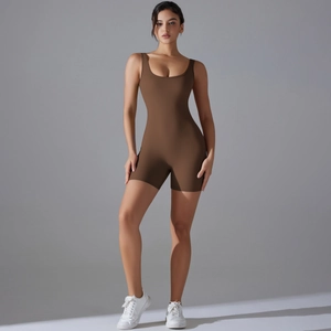 Detail of mocha brown backless one-piece yoga romper with high elastic ribbed fabric