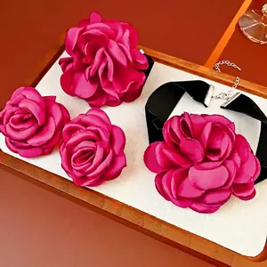 Large Rose Flower Choker Necklace And Fabric Floral Earrings With 925 Sterling Silver Earring Post And Bracelet Vintage