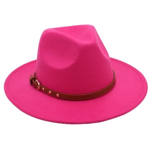 Detail of wool fedora hat with brown leather belt buckle and gold rivets decoration