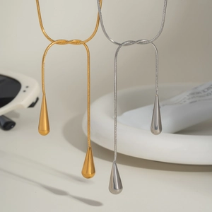 Collier Lariat En Y Goutte D'eau En Acier Inoxydable Femme Élégant Poli Ajustable Chaîne Serpent Bijoux Mode