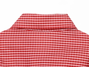 Close-up of red and white gingham poplin shirt showing square collar and stitching