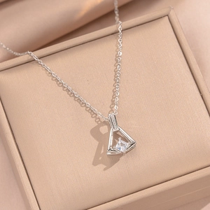 Silver triangle dress pendant necklace with square zircon in a beige jewelry gift box