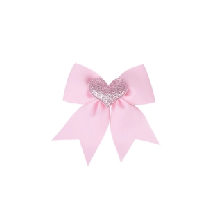 Pink ribbon bow hair clips with glittery heart center for kids, set of two pieces
