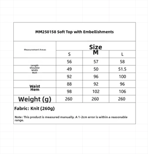 Detailed size chart for knot-front top and skirt set including measurements and knit fabric info