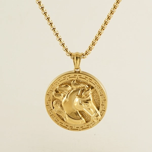 18K Gold Plated Stainless Steel Horse Head Relief Round Coin Pendant Necklace For Men Women Fashion Vintage Jewelry