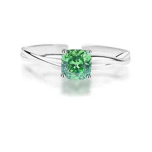Close-up of S925 silver ring with cushion-cut green zircon and twisted band detail
