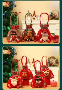 Detail of soft velvet Christmas gift bag with 3D Santa and Reindeer plush figures