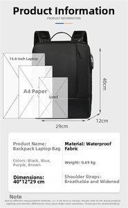 Detail specifications of 15.6 inch laptop backpack with waterproof fabric and dimensions