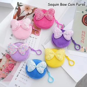 Round Plush Coin Purse With Large Sequin Bow Soft Small Wallet Keyring Hook Pouch For Girls Women Cute Candy Color