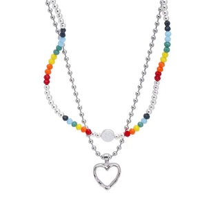 Rainbow beaded layered necklace with smiley face and hollow heart charms on white background
