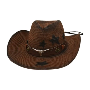 Cappello Da Cowboy In Paglia Stelle Fibbia Testa Di Toro Fascia In Ecopelle Corda Antivento Regolabile Spiaggia