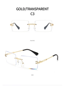 Detail view of gold metal rimless square sunglasses with transparent cut-edge lenses