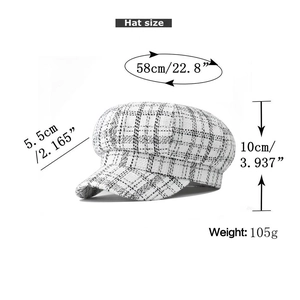 Detailed size chart showing circumference and brim of black and white plaid newsboy cap