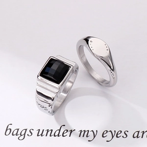 Vintage men's titanium steel rings set featuring square black gemstone and textured band
