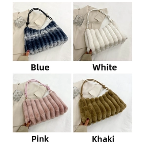 Plush faux fur tote bags in blue, white, pink and khaki with pleated texture and knotted straps