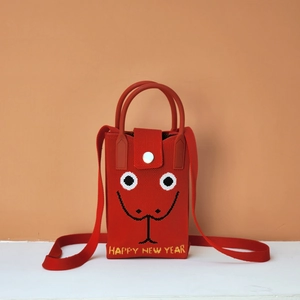 Detail of red knitted crossbody phone bag with Happy New Year text and cute face
