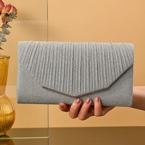 Shimmer Pleated Evening Clutch Bag With Chain Strap V Shape Metal Trim Envelope Party Purse For Women