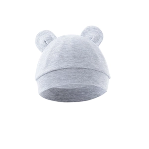Close-up of soft grey cotton baby knit hat with cute bear ears on white background
