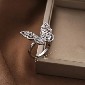 Adjustable silver butterfly ring featuring sparkling zircon wings with 2cm width detail