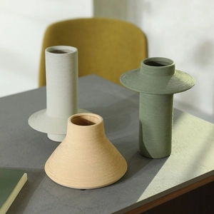 Three-piece Nordic matte ceramic vases in beige and green for modern home decor