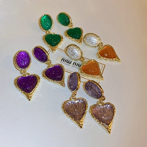 Heart Drop Earrings Resin Copper Hammered Texture Vintage French Palace Style 925 Sterling Silver Earring Post For Women