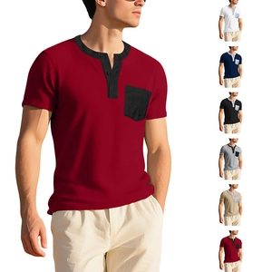 Chemise Henley Homme Manche Courte Tricot Gaufre Respirant Décontracté Été Tee Avec Poche Plaquée Mode