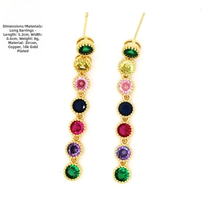 Detailed size view of long dangling earrings with colorful cubic zirconia and 18k gold plating