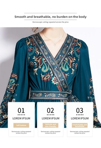 Detail of V-neck long sleeve dress with colorful paisley print and waist tie design