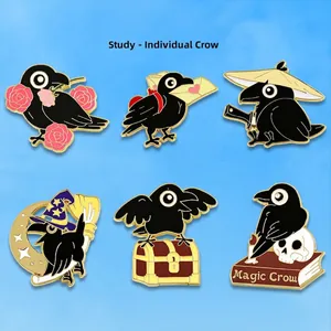 Cartoon Black Crow Enamel Brooch Pin Zinc Alloy Bird Magic Witch Skull Hat Badge For Clothing Lapel Accessories Gift Unisex