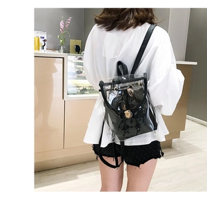 Detail of transparent PVC backpack with black leather inner pouch and gold twist-lock