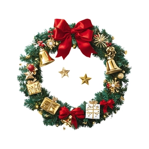 Christmas wreath with red bows gold bells and stars on white background