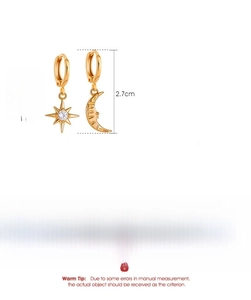 Detailed size and material parameters for gold moon star earring set with cubic zirconia
