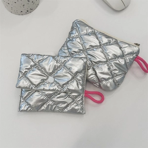 Detail showing two silver quilted cosmetic bags with pink drawstring and button closure