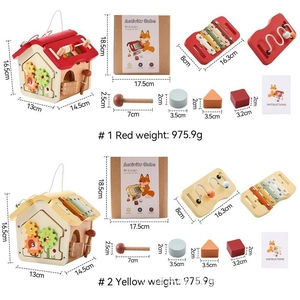 Detailed dimensions and weight of red and yellow wooden activity cube educational toys