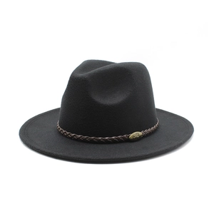 Classic charcoal black fedora hat with brown leather woven band and rhinoceros badge