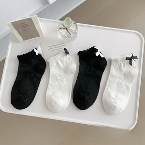 Lace ruffle cotton socks with bows and butterfly texture in white and black colors