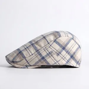 British style wool check beret cap for men and women in classic blue-grey plaid pattern