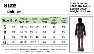 Size chart for velvet hoodie set including chest, waist, and length measurements
