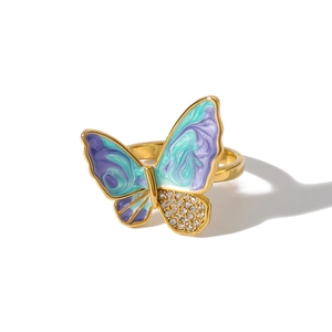 Gold 18K plated stainless steel butterfly ring with blue purple gradient and zircons