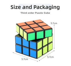 Detailed view of a 5.7cm third-order puzzle cube showing precise dimensions and colorful sides