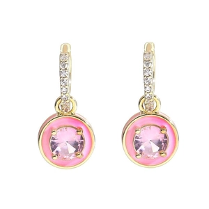 Chic gold-plated hoop earrings with pink enamel pendant and sparkling round zircon stone