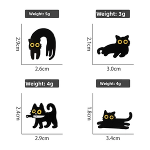 Detailed size and weight specs for four unique black cat enamel pins and badges