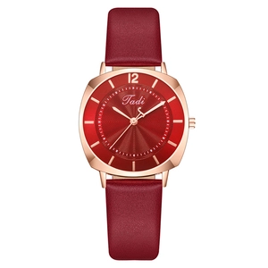 Fashionable square quartz watch with red leather strap and gold case for women