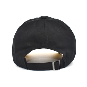 Detailed back view of a black cotton baseball cap with an adjustable metal buckle strap