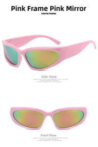 Front and side view of Y2K steampunk sports sunglasses with pink frame and mirror lenses