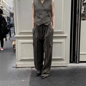Olive green asymmetrical vest and high-waist wide-leg trousers two-piece woven set
