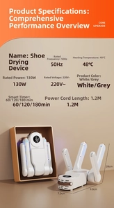 Foldable electric shoe dryer detail showing 48°C constant heat and 130W digital timer display